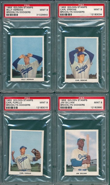1955 Golden Stamps Dodgers Lot of (4) W/ Billy Herman PSA 9 *MINT*