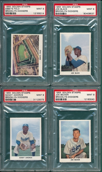 1955 Golden Stamps Dodgers Lot of (4) W/ Ebbets Field, PSA 9 *MINT*