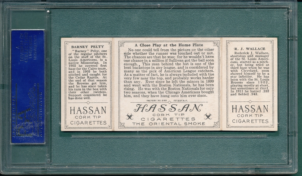1912 T202 A Close Play At Home, Wallace/Pelty, Hassan Cigarettes PSA 6