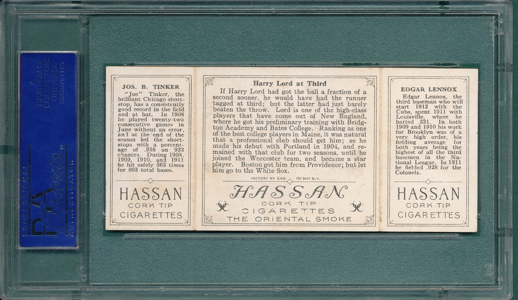 1912 T202 Harry Lord At Third, Lennox/Tinker, Hassan Cigarettes PSA 6