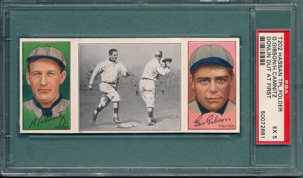 1912 T202 Donlin Out At First, Camnitz/Gibson, Hassan Cigarettes PSA 5
