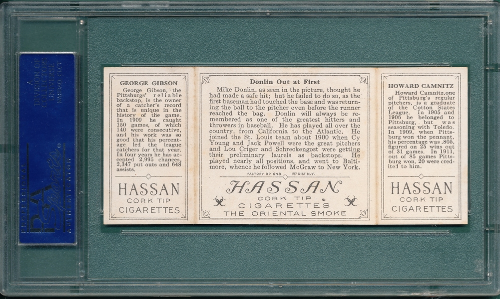 1912 T202 Donlin Out At First, Camnitz/Gibson, Hassan Cigarettes PSA 5