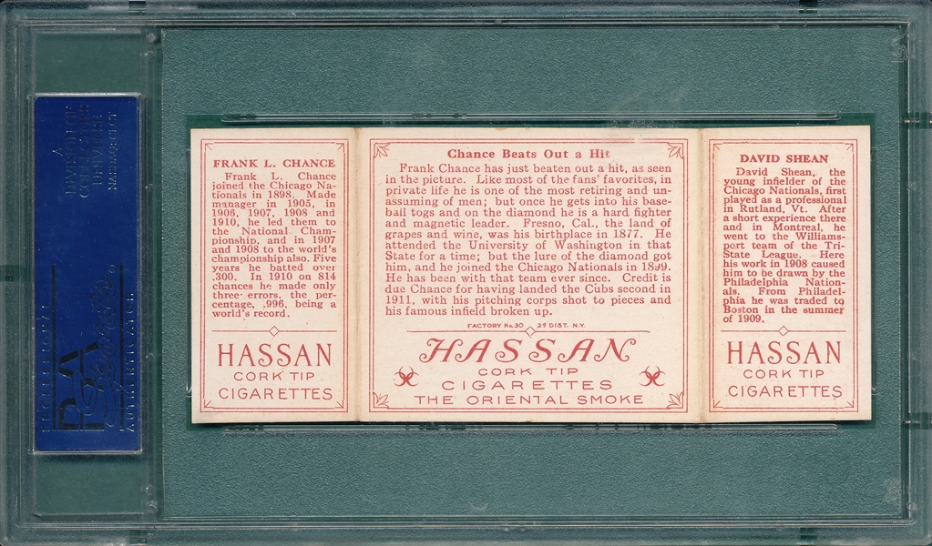 1912 T202 Chance Beats Out A Hit, Shean/Chance, Hassan Cigarettes PSA 5