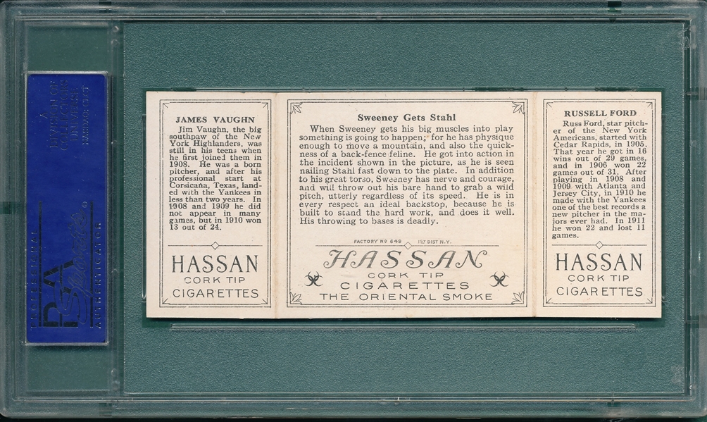 1912 T202 Sweeney Gets Stahl, Ford/Vaughn, Hassan Cigarettes PSA 5