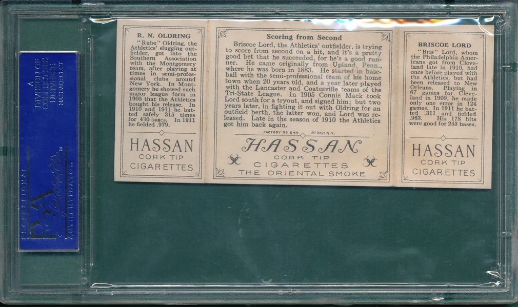 1912 T202 Scoring From Second, Lord/Oldring, Hassan Cigarettes PSA 5