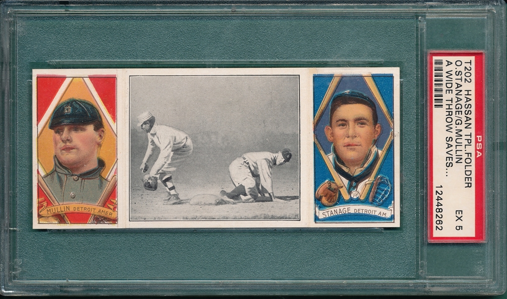 1912 T202 A Wide Throw Saves Crawford, Mullin/Stanage, Hassan Cigarettes, PSA 5