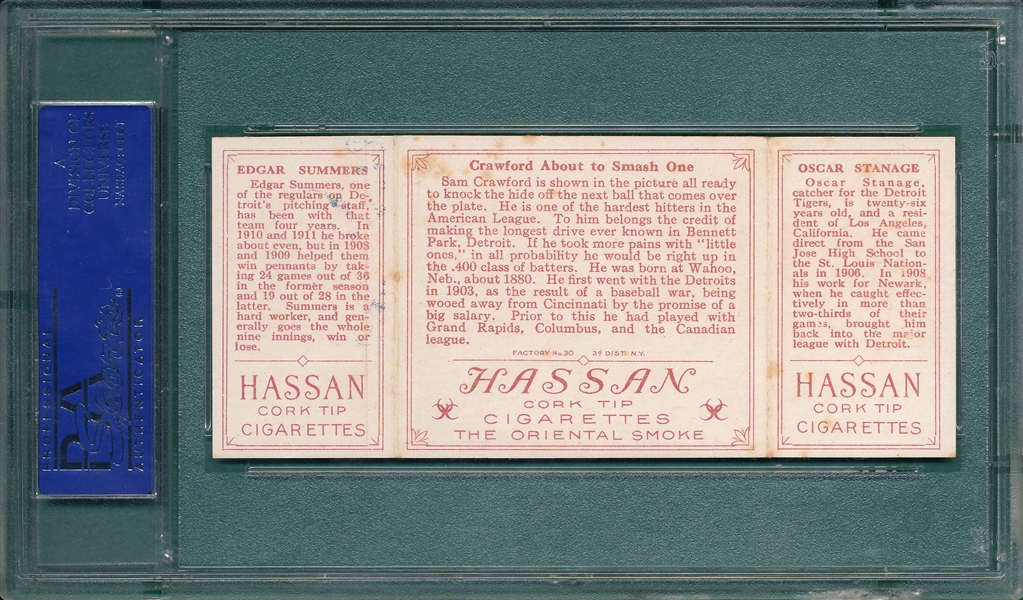 1912 T202 Crawford About To Smash One, Stanage/Summers, Hassan Cigarettes, PSA 6