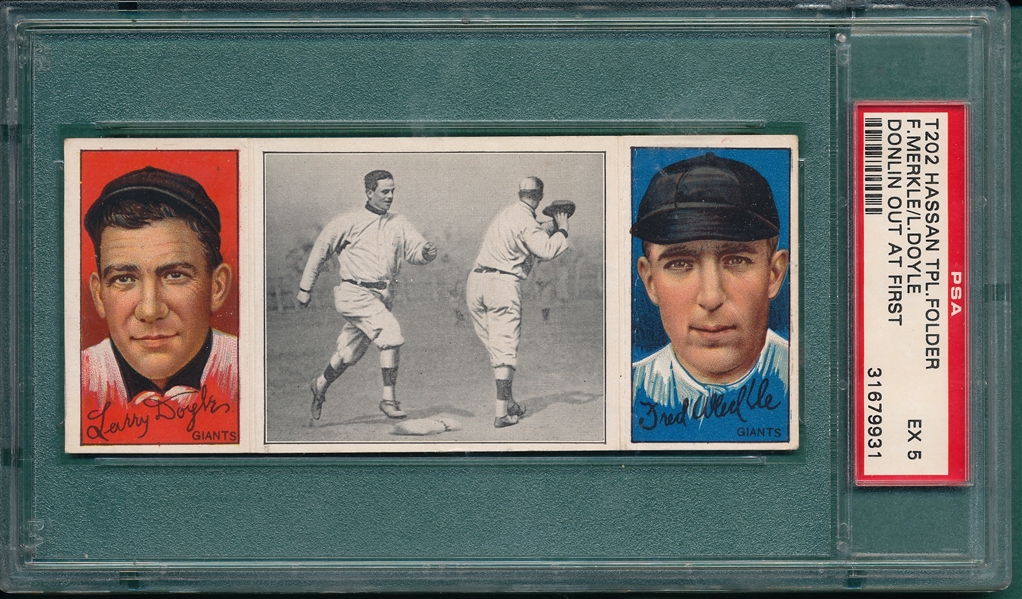 1912 T202 Donlin Out At First, Doyle/Merkle, Hassan Cigarettes, PSA 5