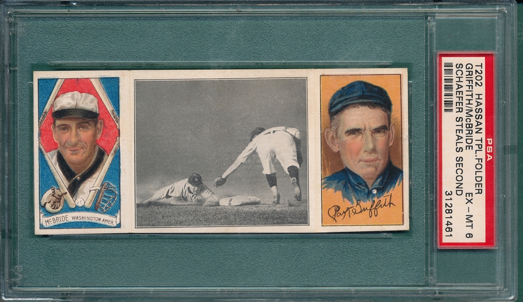 1912 T202 Schaefer Steals Second, McBride/Griffith, Hassan Cigarettes, PSA 6