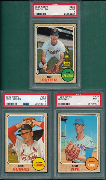 1968 Topps #209 Cullen #253 Hughes and #339 Nye, Lot of (3), PSA 9 *MINT* *Trophy Rookie*