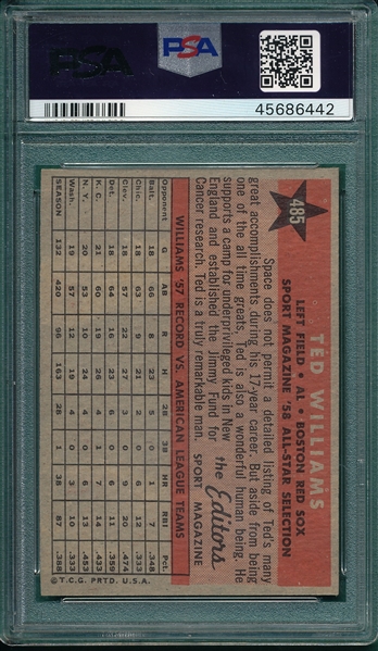 1958 Topps #485 Ted Williams, AS, PSA 7