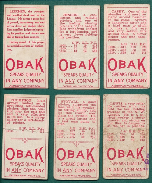 1911 T212-3 Obak Cigarettes Lot of (6) W/ Stovall