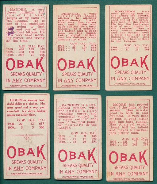 1911 T212-3 Obak Cigarettes Lot of (6) W/ Zackert
