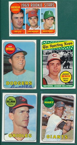 1969 Topps Lot of (5) W/ Bench, Drysdale & Fingers, Rookie