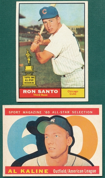 1960 Topps #561 Kaline AS & 1961 #35 Santo, Rookie, Lot of (2)