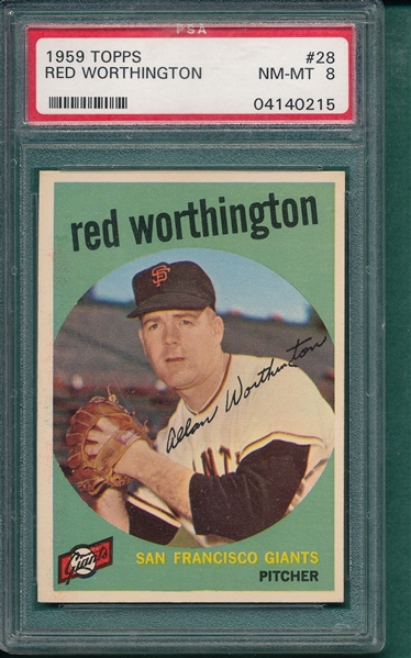 1959 Topps #28 Red Worthington PSA 8