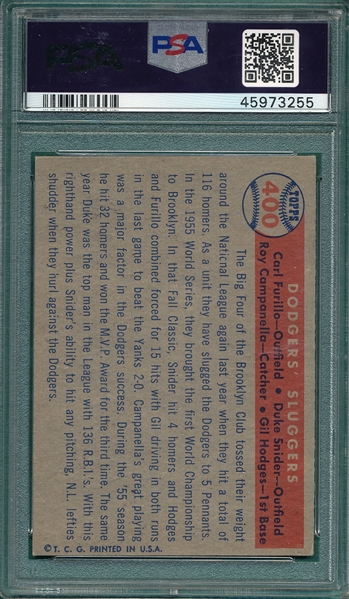 1957 Topps #400 Dodgers Sluggers W/ Snider & Campanella, PSA 6