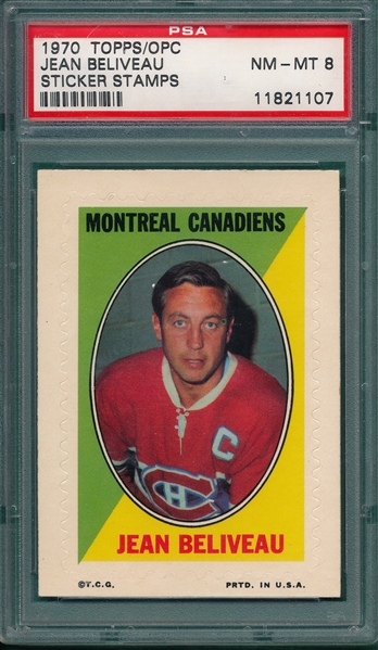 1970 O-Pee-Chee/Topps Sticker Stamp, Jean Beliveau PSA 8