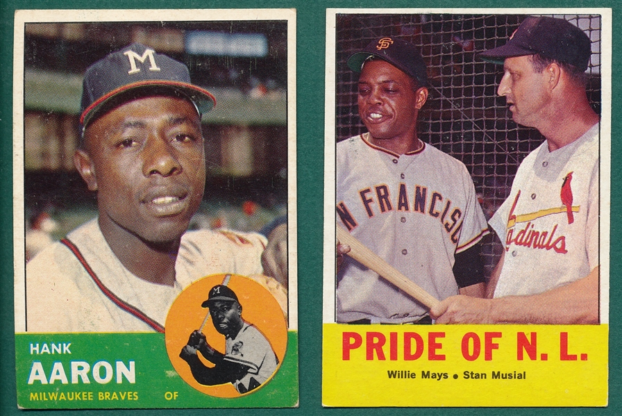 1963 Topps #138 Pride W/ Mays & Musial Plus #390 Aaron, Lot of (2)