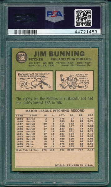1967 Topps #560 Jim Bunning PSA 8 *Hi #*