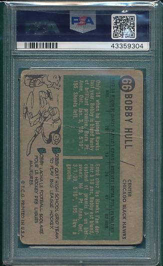 1958 Topps HCKY #66 Bobby Hull, Signed, PSA 1 (MC)/ Auto 10 *Rookie*
