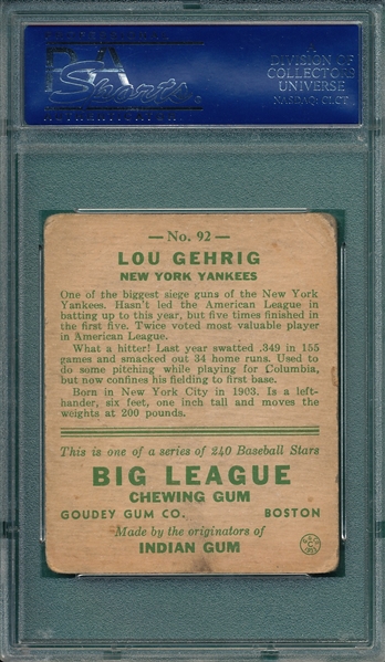 1933 Goudey #92 Lou Gehrig PSA 2