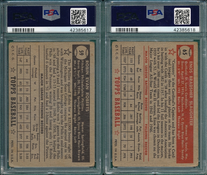 1952 Topps #59 Roberts & #65 Slaughter, Lot of (2), PSA 2