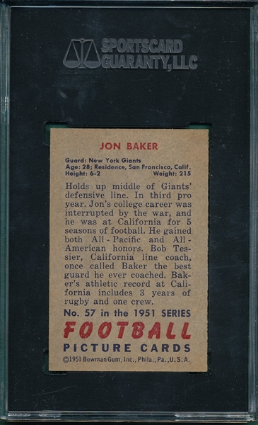 1951 Bowman FB #57 Jon Baker SGC 8