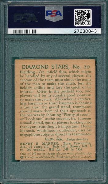 1934-36 Diamond Stars #30 Heinie Manush, W On Sleeve, PSA 4