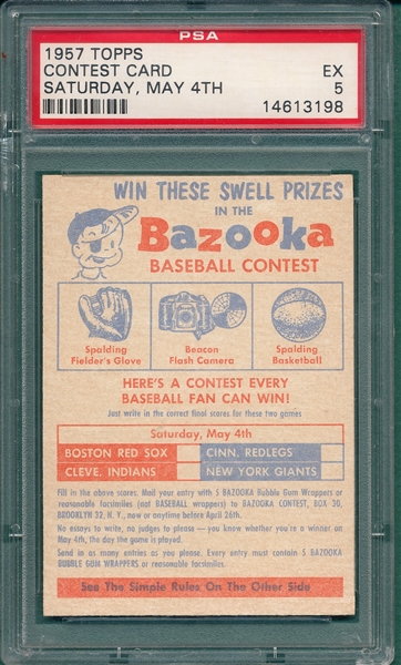 1957 Topps Contest Card Saturday, May 4th, PSA 5