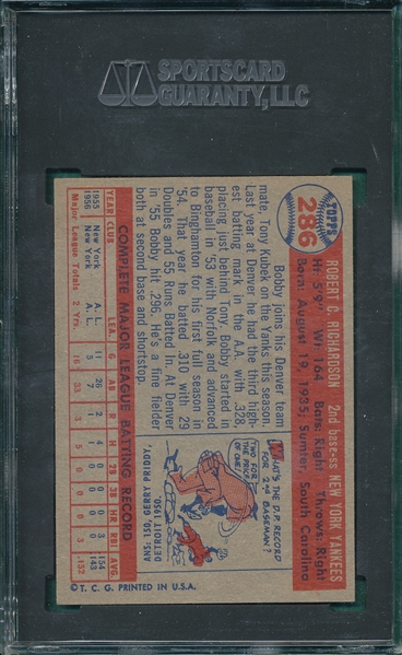1957 Topps #286 Bobby Richardson SGC 82 *Rookie*