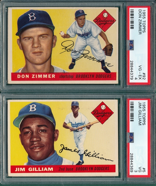 1955 Topps #5 Gilliam & #92 Zimmer, Lot of (2) PSA 