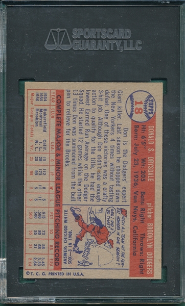 1957 Topps #18 Don Drysdale SGC 82 *Rookie*