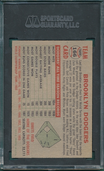 1956 Topps #166 Dodgers Team SGC 6 *Gray*