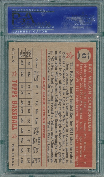 1952 Topps #43 Ray Scarborough PSA 5 *Red*