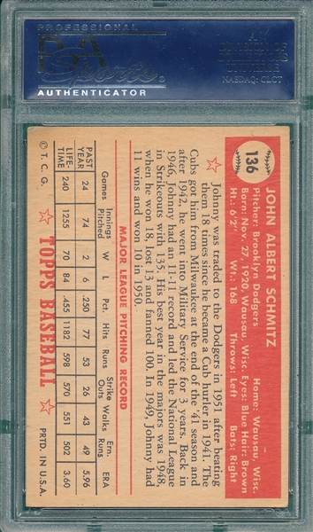 1952 Topps #136 Johnny Schmitz PSA 5 
