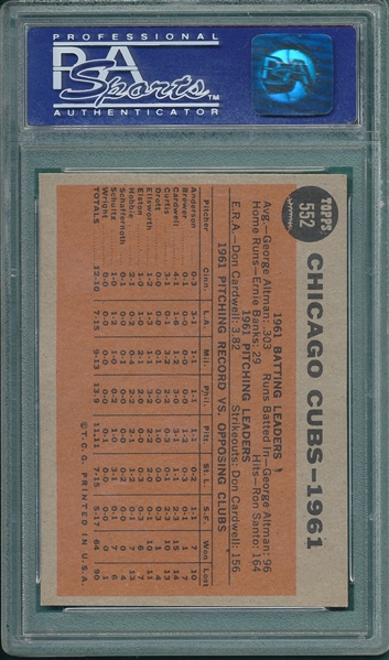 1962 Topps #552 Cubs Team, PSA 8 *Hi #*