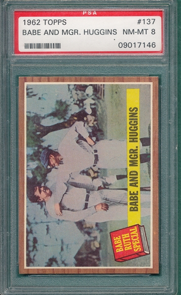 1962 Topps #137 Babe Ruth Special, Babe & Mgr. Huggins, PSA 8 