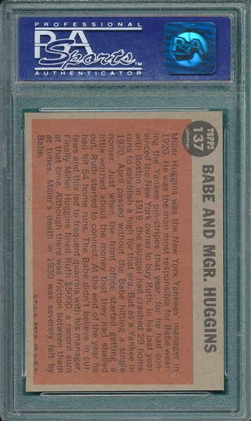1962 Topps #137 Babe Ruth Special, Babe & Mgr. Huggins, PSA 8 