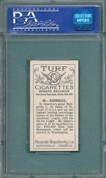 1925 Boguslavsky LTD. #50 Sisler Baseball, Turf Cigarettes PSA 8