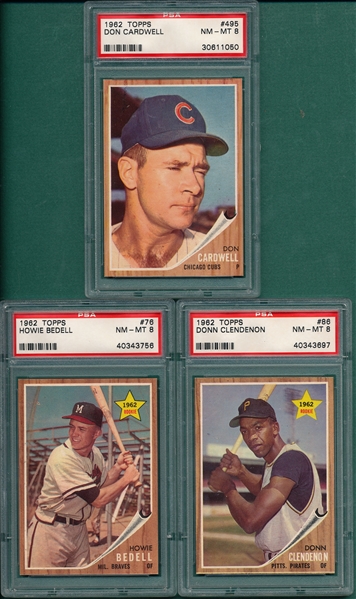 1962 Topps #076 Bedell, #86 Clendenon & #495 Cardwell, Lot of (3) PSA 8