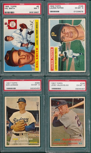1955-57 Topps Lot of (4) W/ 55 #8 Hal Smith PSA 7