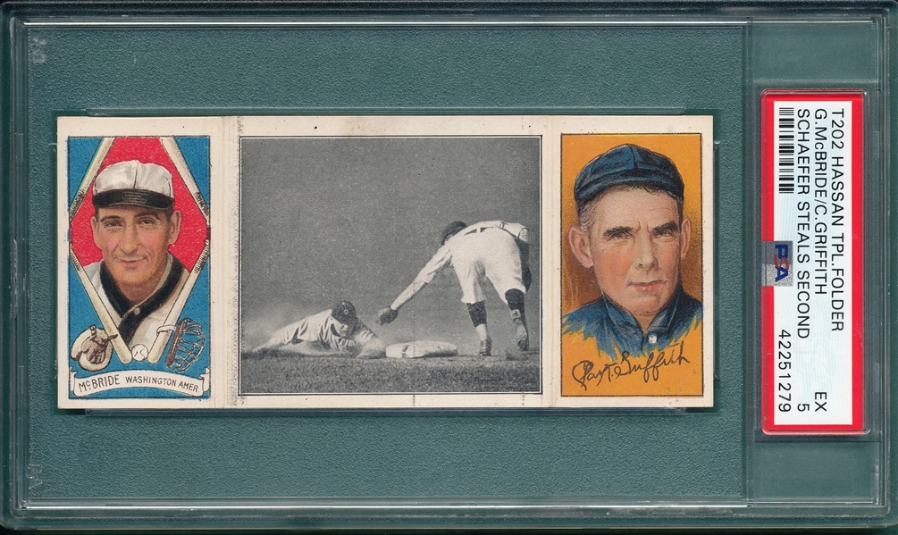 1912 T202 Schaefer Steals Second, McBride/Griffith, Hassan Cigarettes PSA 5