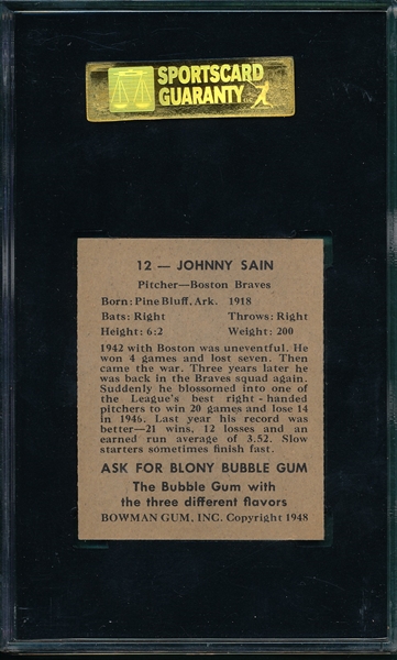 1948 Bowman #12 Johnny Sain SGC 86