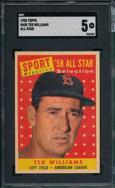 1958 Topps #485 Ted Williams, All Star, SGC 5