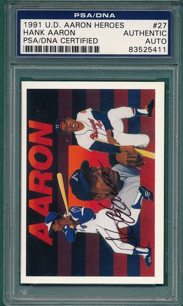 1991 UD Baseball Heroes, #27 Hank Aaron, Autographed, PSA Authentic