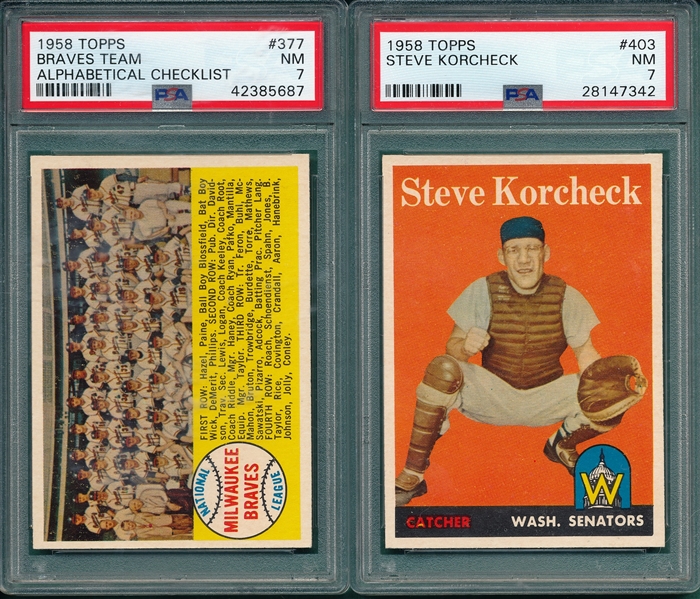 1958 Topps #377 Braves & #403 Korcheck, Lot of (2) PSA 7
