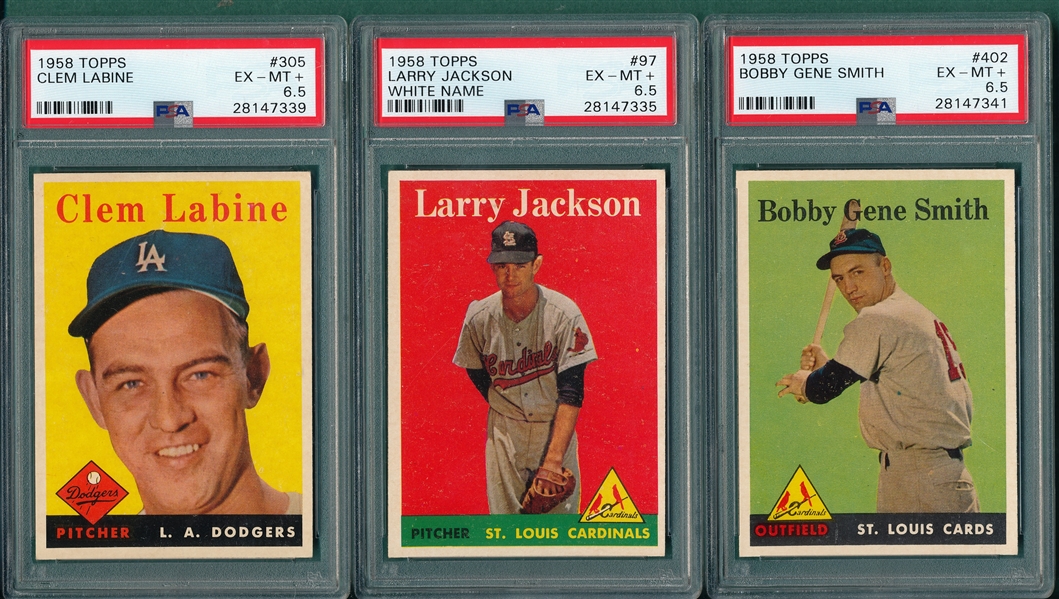 1958 Topps #97 Jackson, White Name, #402 Smith & #305 Labine, Lot of (3) PSA 6.5