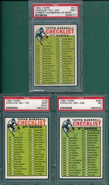 1964 Topps Lot of (3) Checklists W/ #517 Series 7 PSA