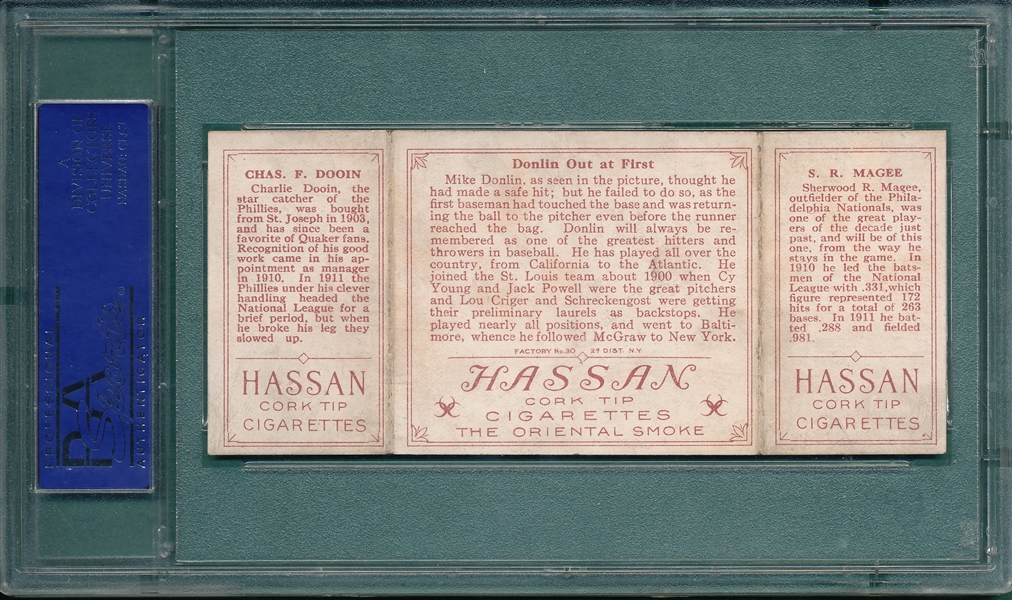 1912 T202 Donlin Out At First, Magee/Dooin, Hassan Cigarettes PSA 8